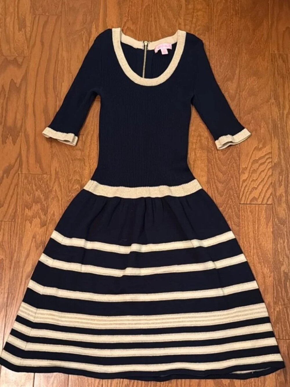 Lilly Pulitzer Navy and Cream Striped Sweater Dress Metallic Gold XS